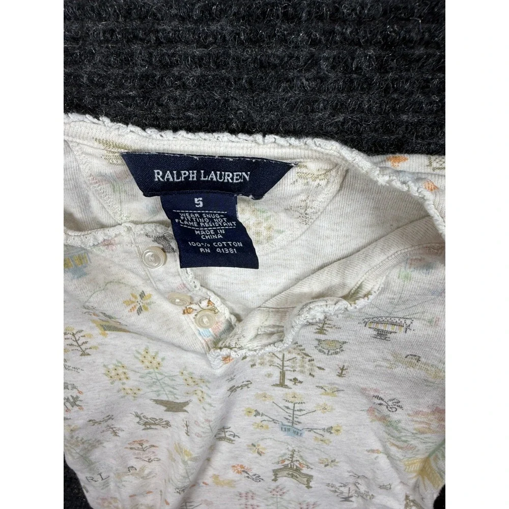 Ralph Lauren Kids Cream Garden Topiary Print Cotton Henley Long Sleeve Shirt 5
